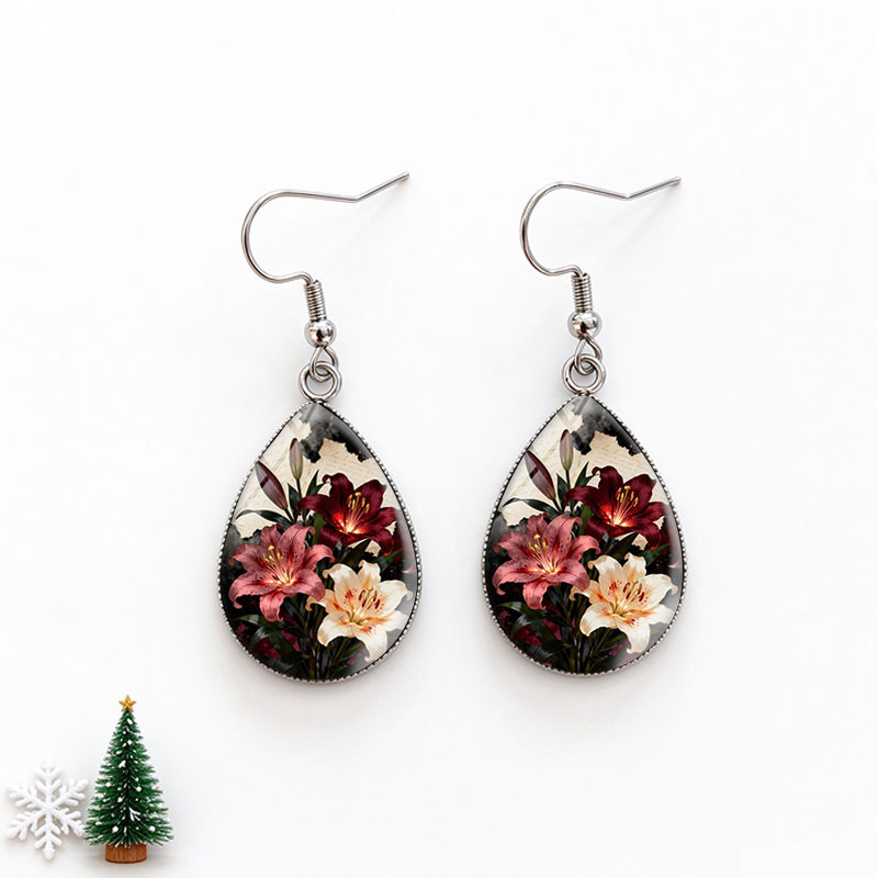Gothic Red White Lily Floral Tear Drop Earrings
